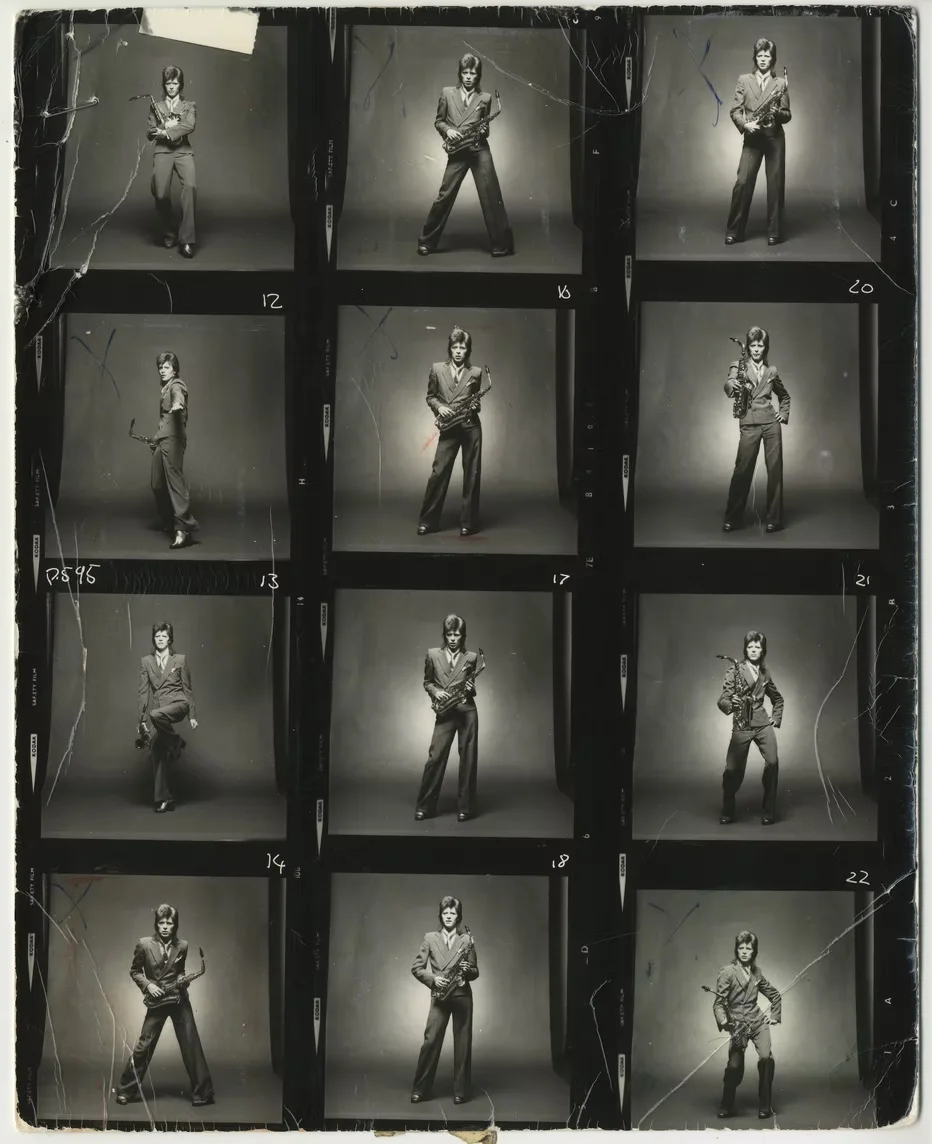 Contact sheet, David Bowie with saxophone, London, 1973, photographed by Mick Rock